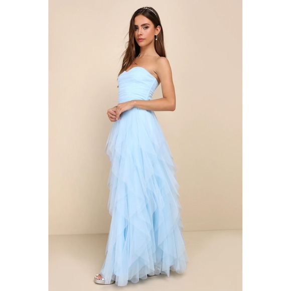 Lulus Delightful Beauty Blue Mesh Strapless Ruched Ruffled Maxi Dress Size Small - Picture 3 of 4